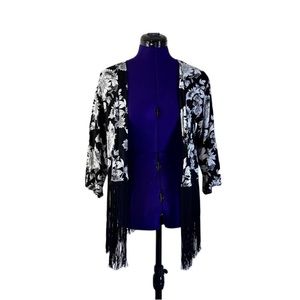 Divided Black White Floral Fringe Sweater